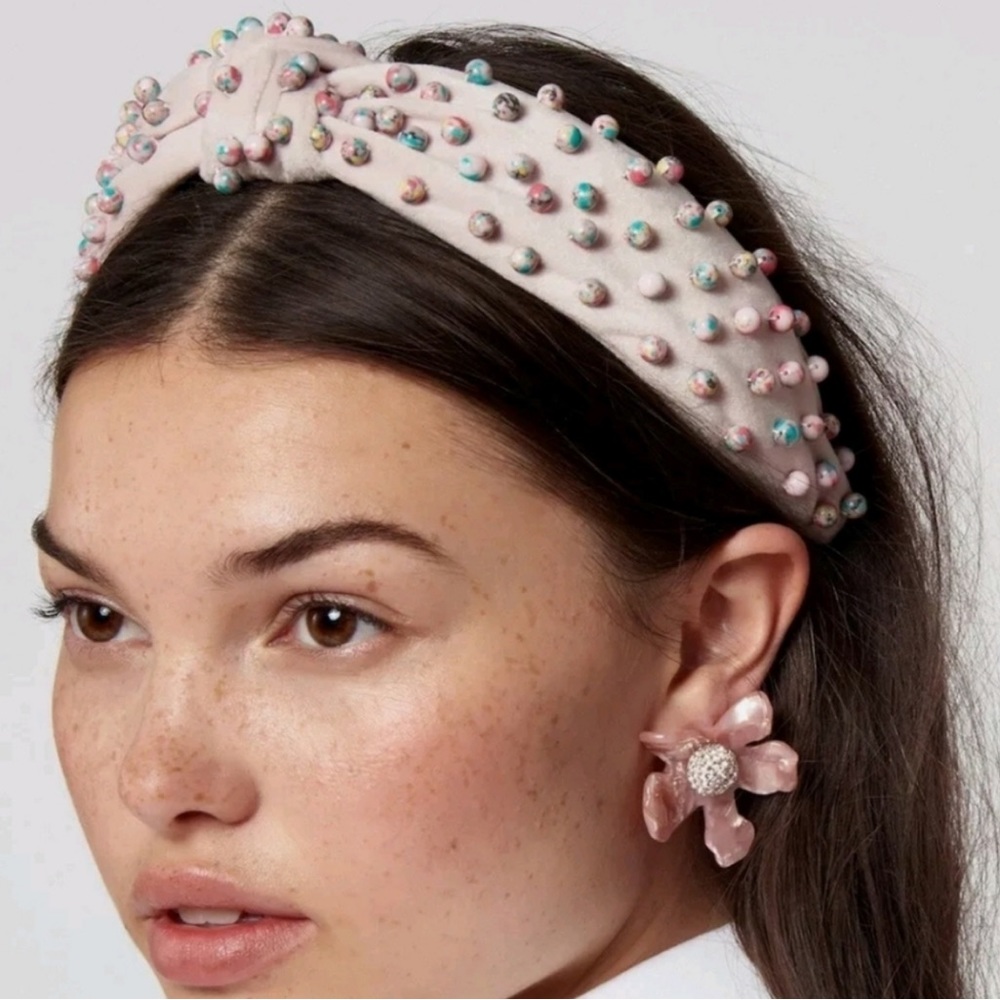 Lele Sadoughi Knotted Woven Beaded Headband in Pastel Pink Confetti